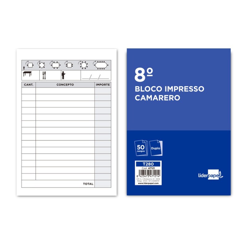 TALONARIO LIDERPAPEL CAMARERO 8¼ ORIGINAL Y COPIA T280