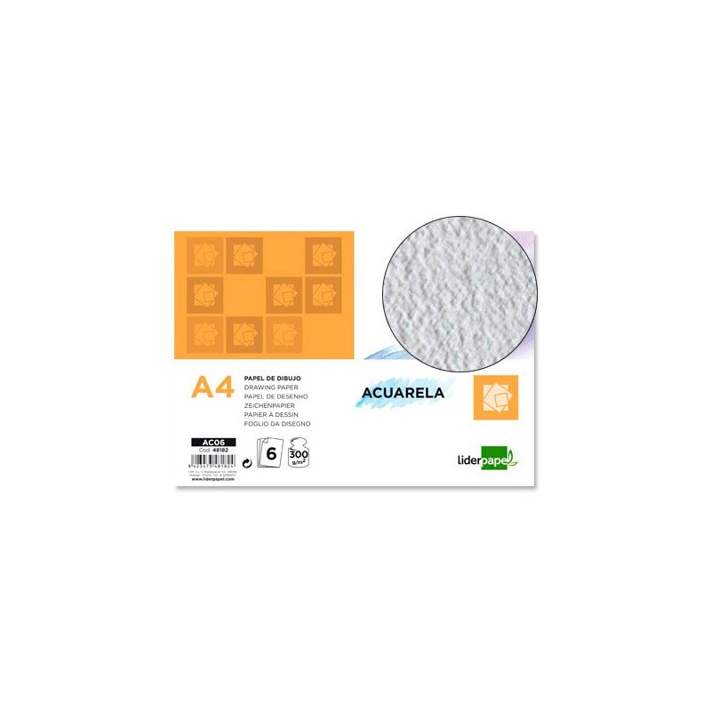 PAPEL DIBUJO LIDERPAPEL 210X297MM 300G/M2 ACUARELA PACK DE 6