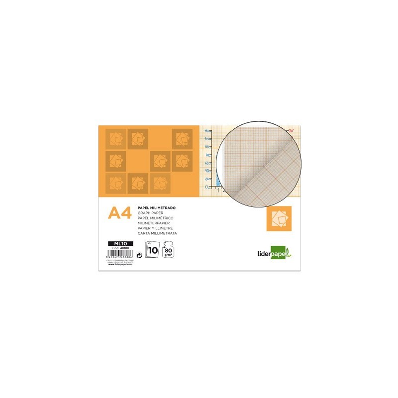 PAPEL DIBUJO LIDERPAPEL 210X297MM 80G/M2 MILIMETRADO PACK DE 10