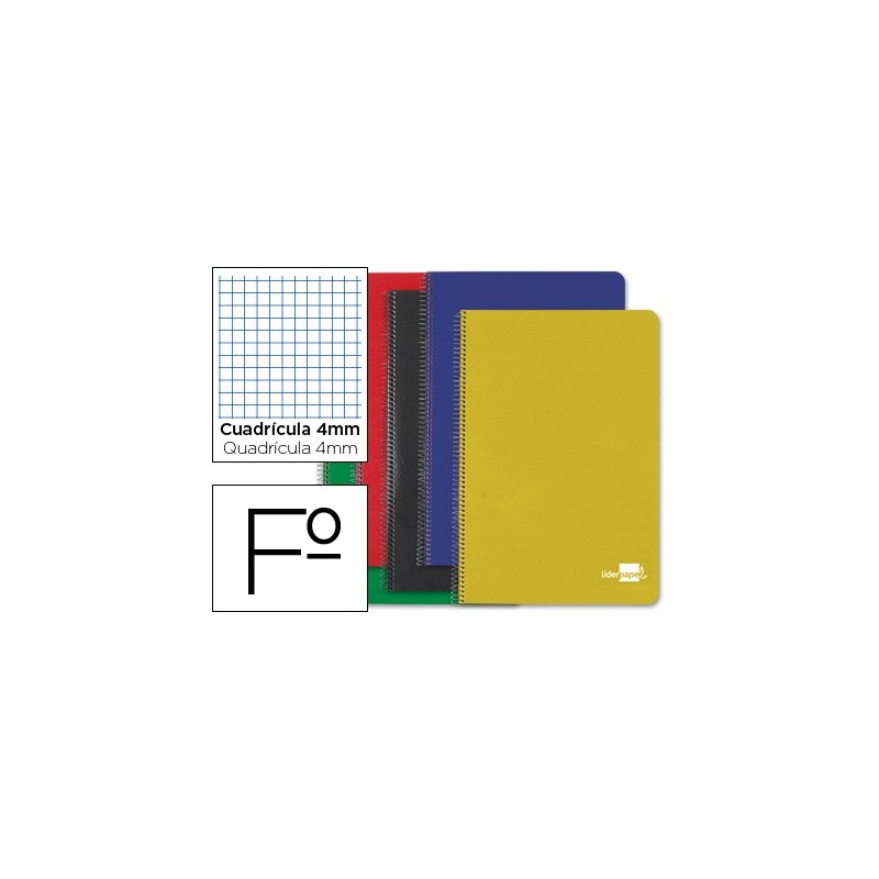 CUADERNO ESPIRAL LIDERPAPEL FOLIO TAPA DURA 80H 60 GR CUADRO 4MM CON MARGEN COLORES SURTIDOS