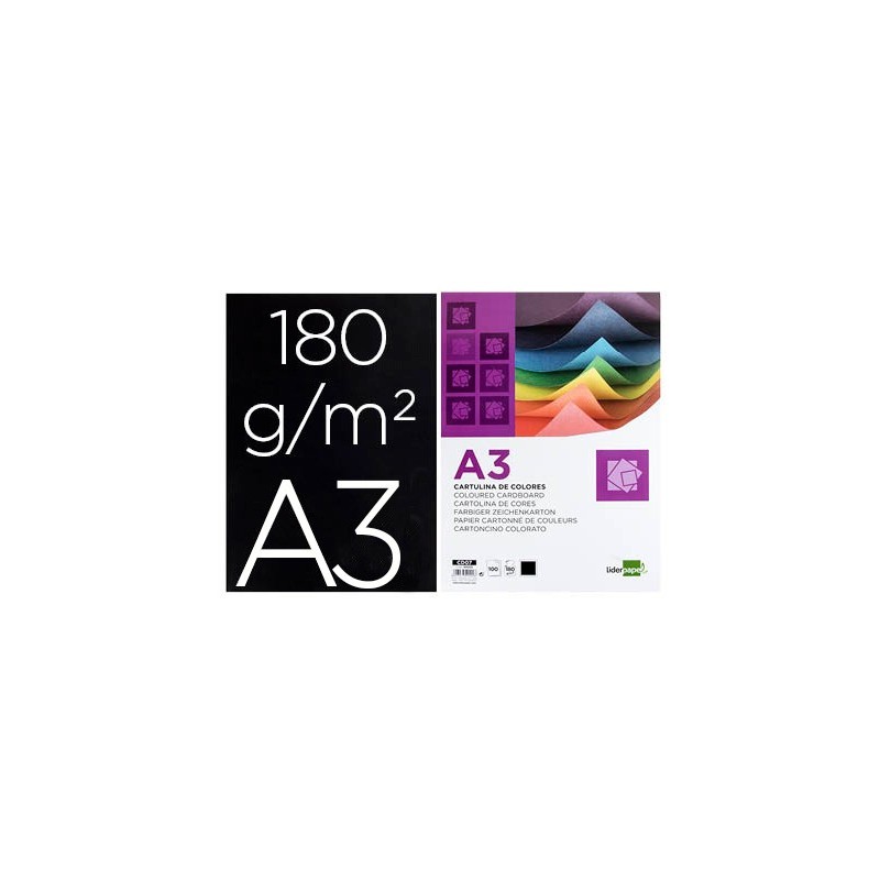 CARTULINA LIDERPAPEL A3 180G/M2 NEGRO PAQUETE DE 100 HOJAS
