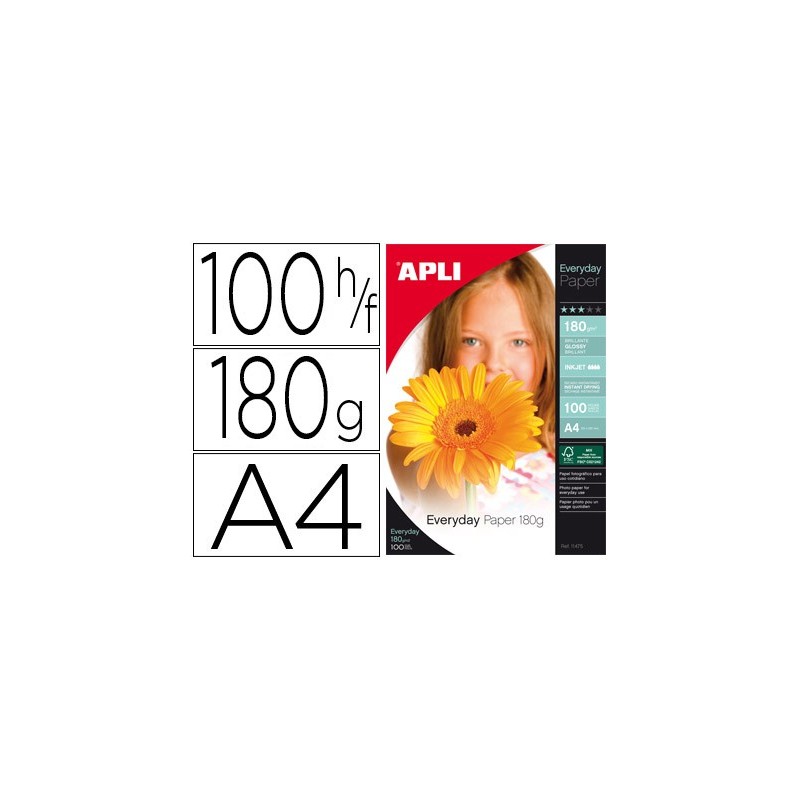PAPEL FOTOGRAFICO APLI GLOSSY DIN A4 PACK 100 HOJAS DE 180 GRS