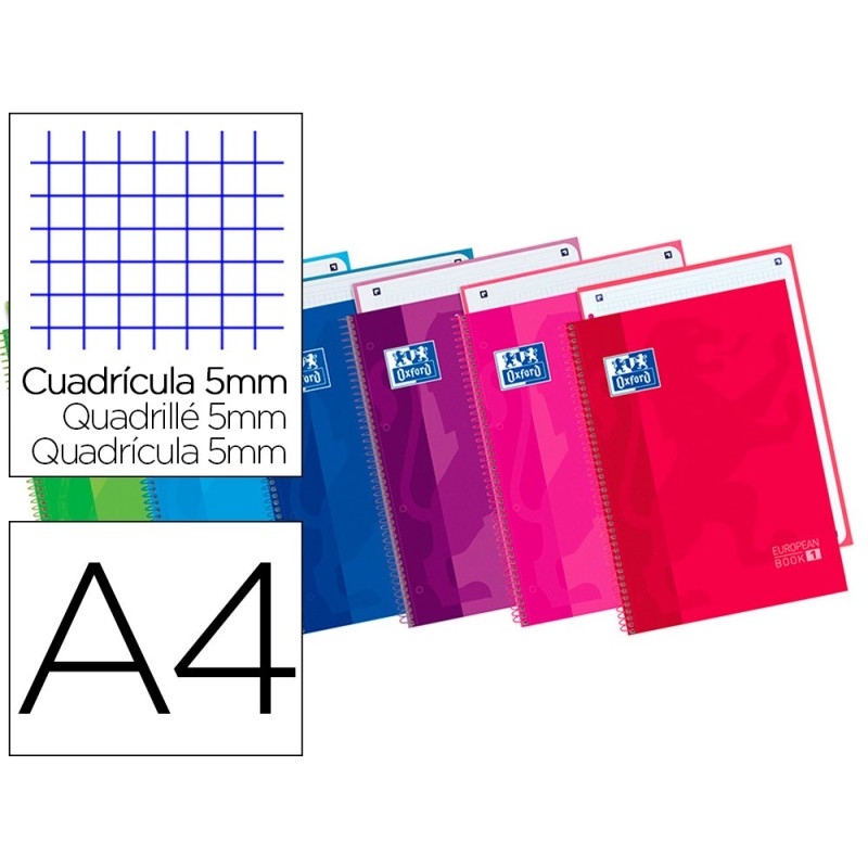 BLOC ESPIRAL OXFORD TAPA EXTRADURA MICROPERFORADO DIN A4 80 HOJAS CUADROS 5MM COLORES SURTIDOS
