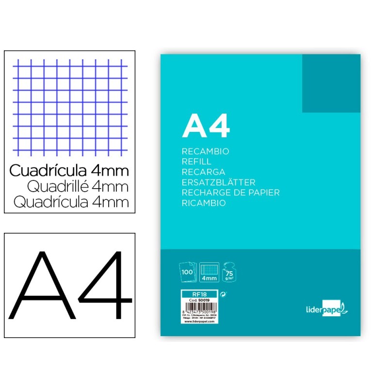 RECAMBIO LIDERPAPEL A4 100 HOJAS 75G/M2 CUADRO 4MM CON MARGEN 4 TALADROS