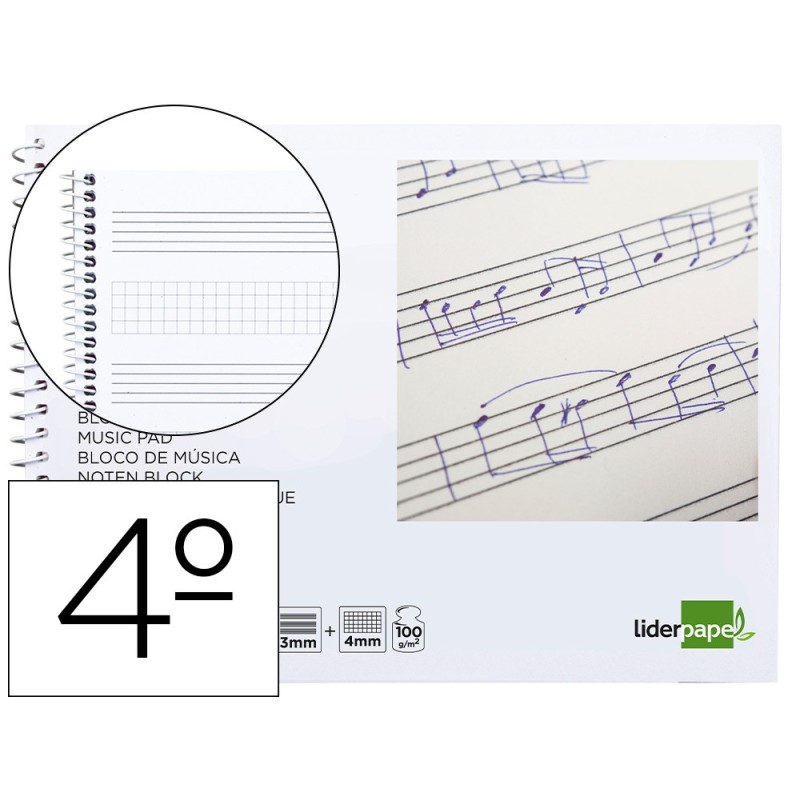 BLOC MUSICA LIDERPAPEL COMBI PENTAGRAMA 3MM MAS CUADRICULA DE 4MM PARA ANOTACIONES CUARTO20 HOJAS 100G/M2