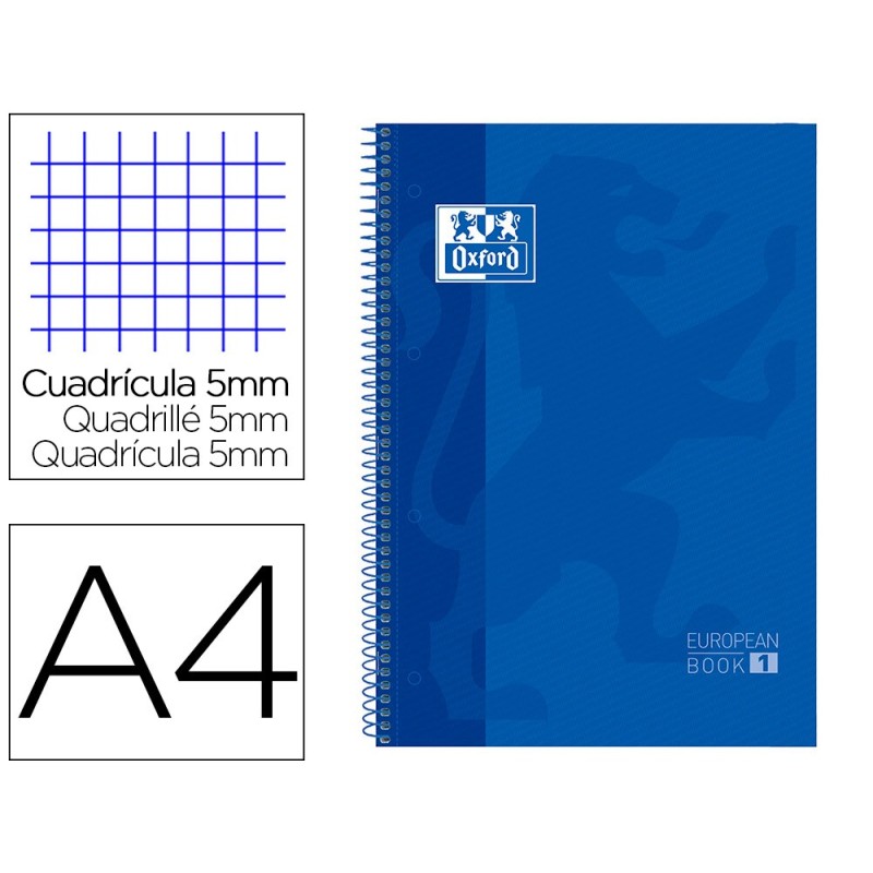 BLOC ESPIRAL OXFORD TAPA EXTRADURA MICROPERFORADO DIN A4 80 HOJAS CUADROS 5MM COLOR AZUL