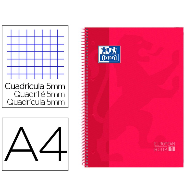 BLOC ESPIRAL OXFORD TAPA EXTRADURA MICROPERFORADO DIN A4 80 HOJAS CUADROS 5MM COLOR ROJO