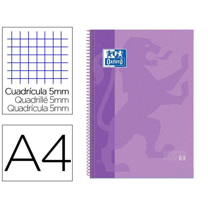 BLOC ESPIRAL OXFORD TAPA EXTRADURA MICROPERFORADO DIN A4 80 HOJAS CUADROS 5MM -COLOR LILA