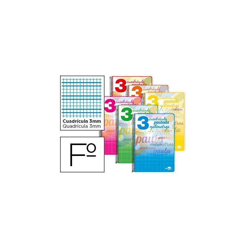 CUADERNO ESPIRAL LIDERPAPEL FOLIO PAUTAGUIA TAPA BLANDA 80H 75 GR CUADRO PAUTADO 3MM CON MARGEN COLORES SURTIDOS