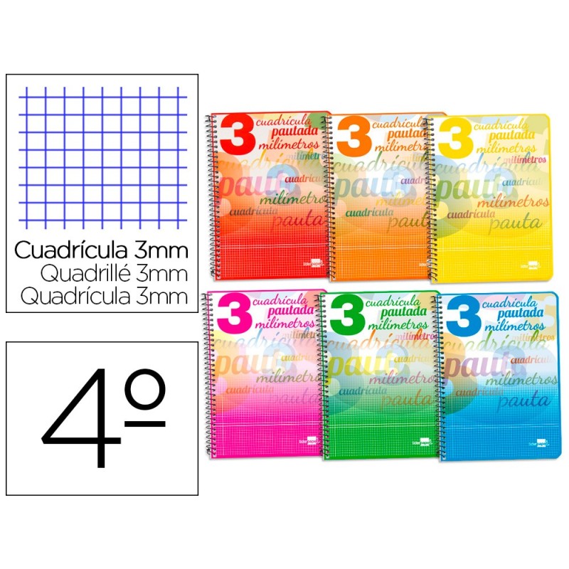 CUADERNO ESPIRAL LIDERPAPEL CUARTO PAUTAGUIA TAPA BLANDA 40H 75 GR CUADRO PAUTADO 3 MM CON MARGEN COLORES SURTIDOS
