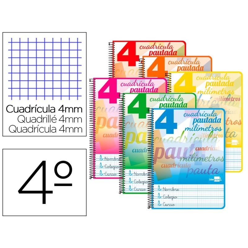 CUADERNO ESPIRAL LIDERPAPEL CUARTO PAUTAGUIA TAPA BLANDA 40H 75 GR CUADRO PAUTADO 4MM COLORES SURTIDOS