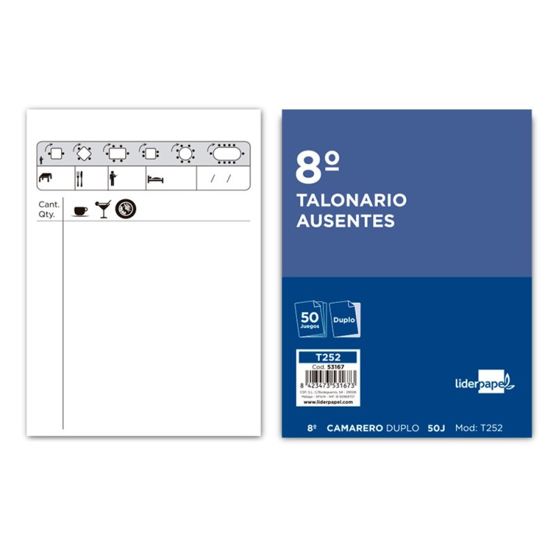 TALONARIO LIDERPAPEL CAMARERO 8¼ ORIGINAL Y COPIA T252 ZIG ZAG