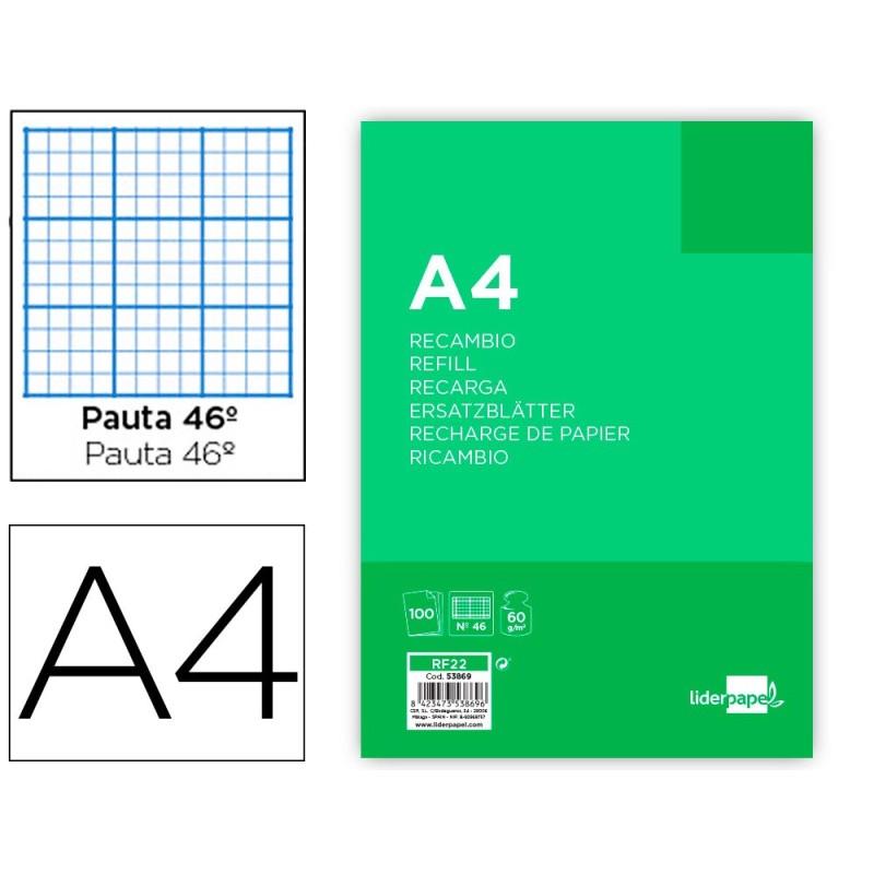 RECAMBIO LIDERPAPEL A4 100 HOJAS 60G/M2 RAYADO N¼ 46 4 TALADROS