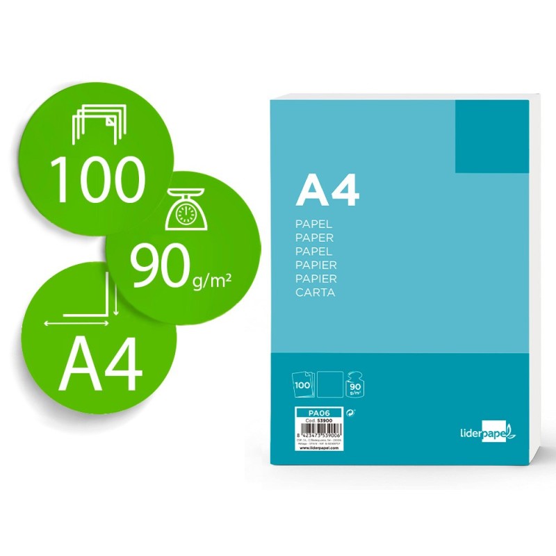 PAPEL LIDERPAPEL A4 90G/M2 LISO PAQUETE DE 100 HOJAS