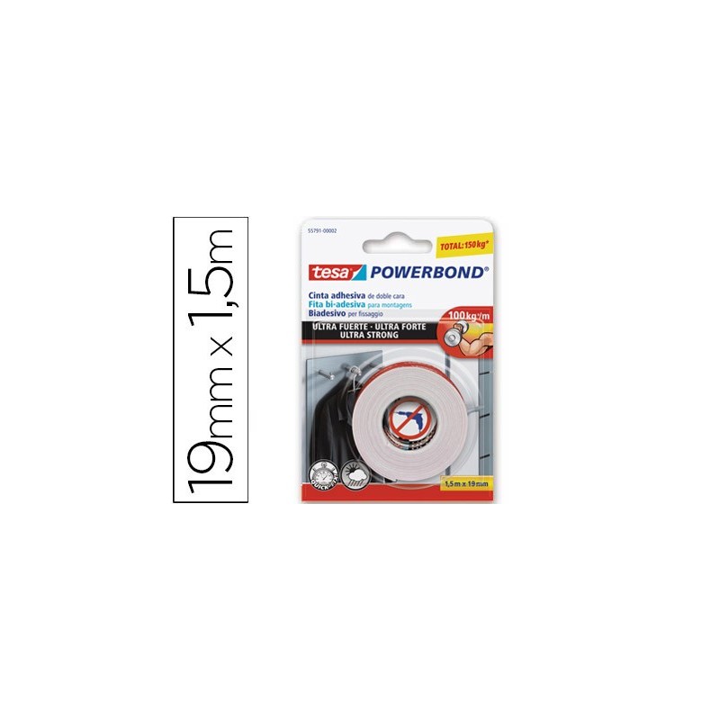 CINTA ADHESIVA TESA DOBLE CARA ULTRA STRONG EXTRAFUERTE PARA INTERIOR Y EXTERIOR 1,5M X19MM