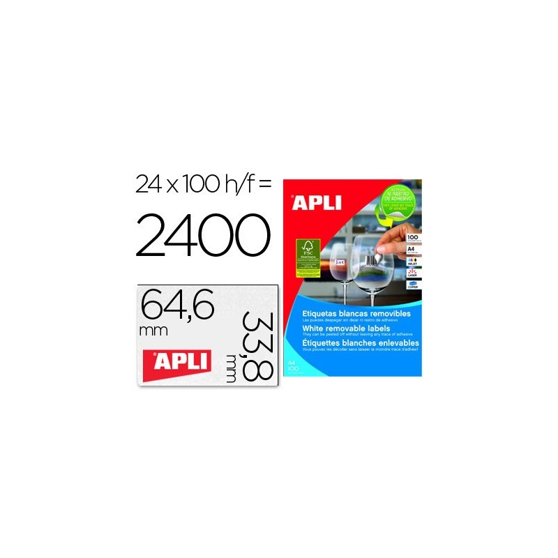 ETIQUETA ADHESIVAS APLI 3056 TAMAO 64,6 X 33,8 MM PARA FOTOCOPIADORA LASER INK-JET CAJA CON 100 HOJAS A-4 REMOVI.