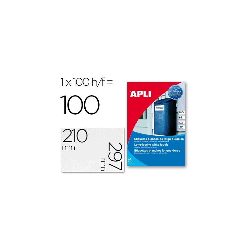 ETIQUETAS ADHESIVAS APLI 12121 TAMAO 210X297 MM POLIESTER RESISTENTE A LA INTERPERIE IMPRESION LASER