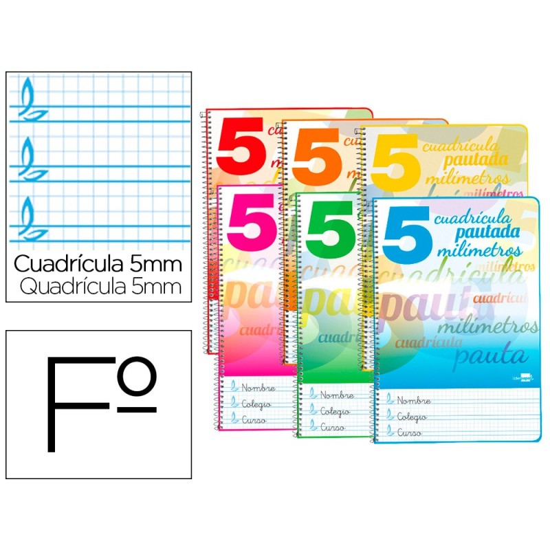 CUADERNO ESPIRAL LIDERPAPEL FOLIO PAUTAGUIA TAPA BLANDA 80H 75 GR CUADRO PAUTADO 5MM CON MARGEN COLORES SURTIDOS