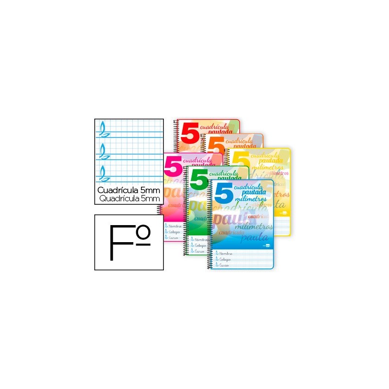 CUADERNO ESPIRAL LIDERPAPEL FOLIO PAUTAGUIA TAPA DURA 80H 75 GR CUADRO PAUTADO 5MMCON MARGEN COLORES SURTIDOS