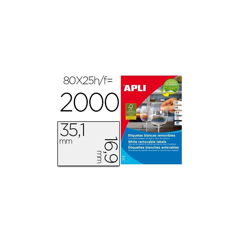 ETIQUETA ADHESIVA APLI 35,6X16,9 MM FOTOCOPIADORA LASER INKJET CAJA 25 HOJAS DIN A4 CON 2000 ETIQUETAS