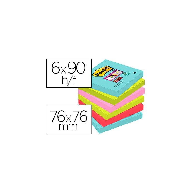 BLOC DE NOTAS ADHESIVAS QUITA Y PON POST-IT SUPER STICKY 76X76 MM CON 90 HOJAS PACK DE 6 UNIDADES COLORES MIAMI