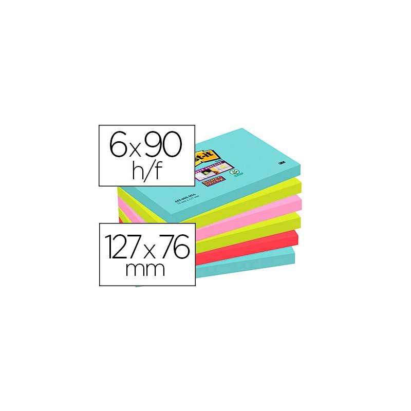 BLOC DE NOTAS ADHESIVAS QUITA Y PON POST-IT SUPER STICKY 76X127 MM CON 90 HOJAS PACK DE 6 UNIDADES COLORES MIAMI