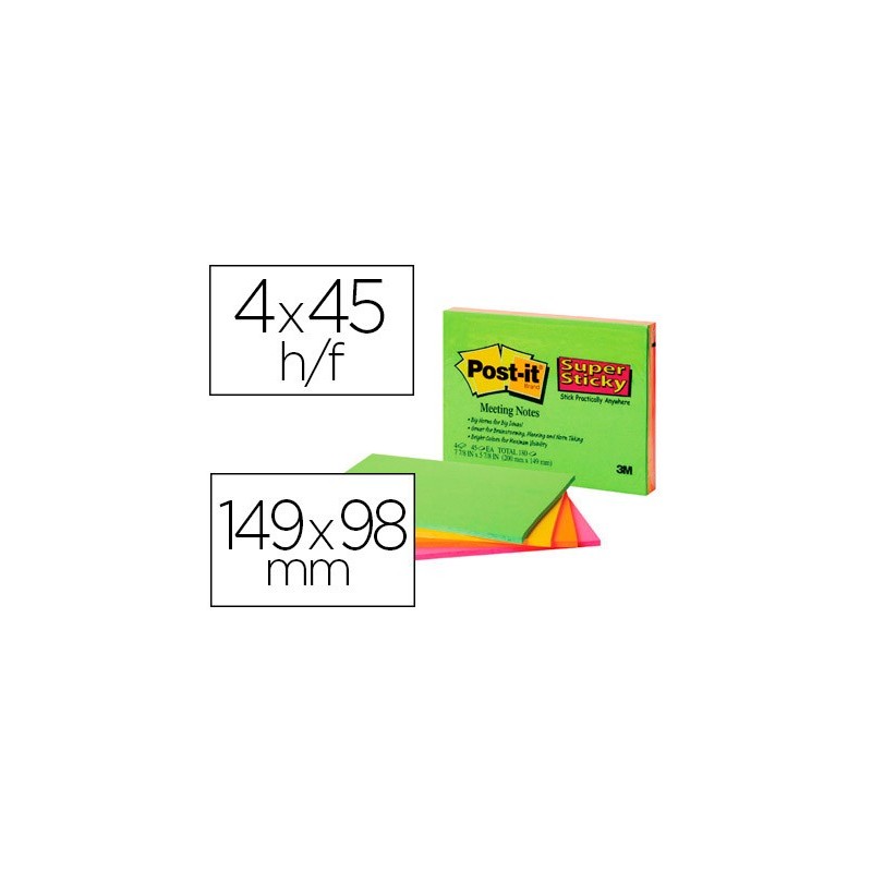 BLOC DE NOTAS ADHESIVAS QUITA Y PON POST-IT SUPER STICKY 149X98 MM CON 45 HOJAS PACK DE 4 UNIDADES COLORES NEON