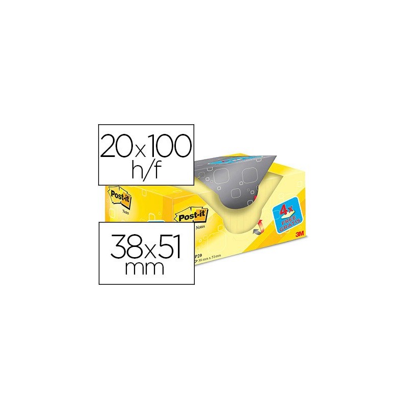 BLOC DE NOTAS ADHESIVAS QUITA Y PON POST-IT SUPER STICKY AMARILLO CANARIO 38X51 MM PACK PROMOCIONAL 16+4 GRATIS