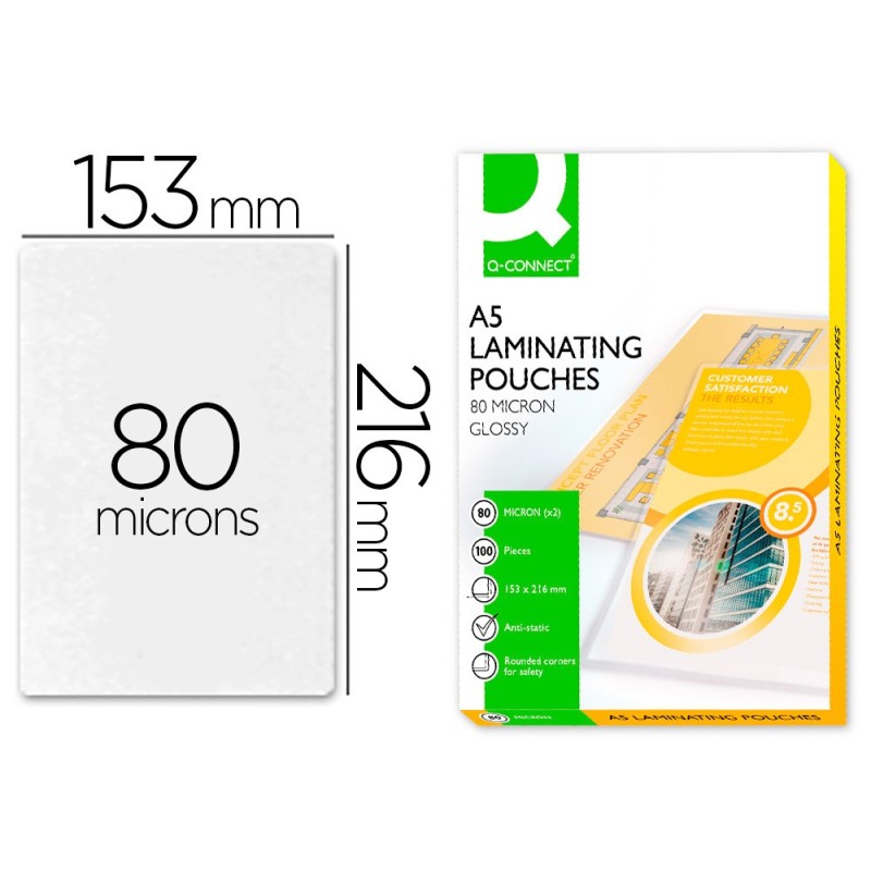 BOLSA DE PLASTIFICAR Q-CONNECT 153 X 216 MM 80MC DIN A5 CAJA DE 100 UNIDADES