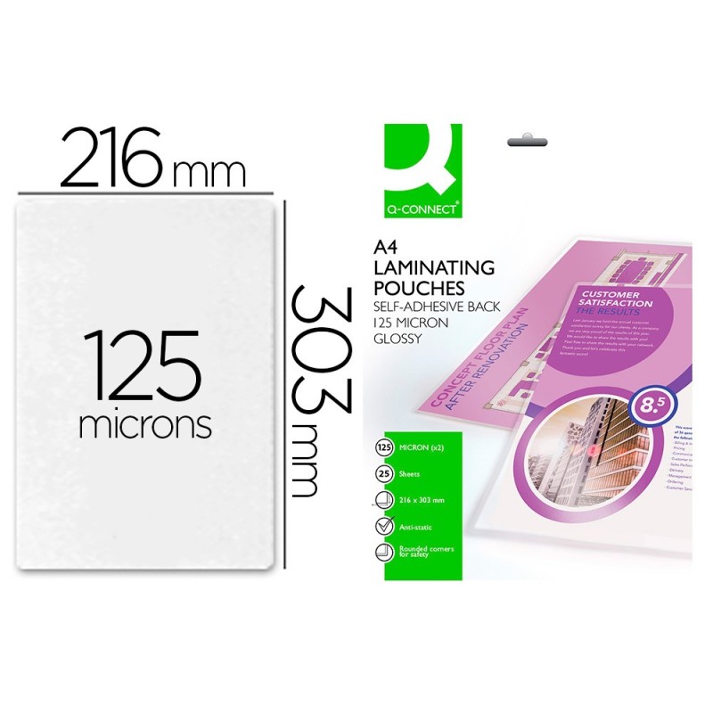 BOLSA DE PLASTIFICAR Q-CONNECT 303 X 216 MM 125 MC DIN A4 AUTOADHESIVAS CAJA DE 25 UNIDADES