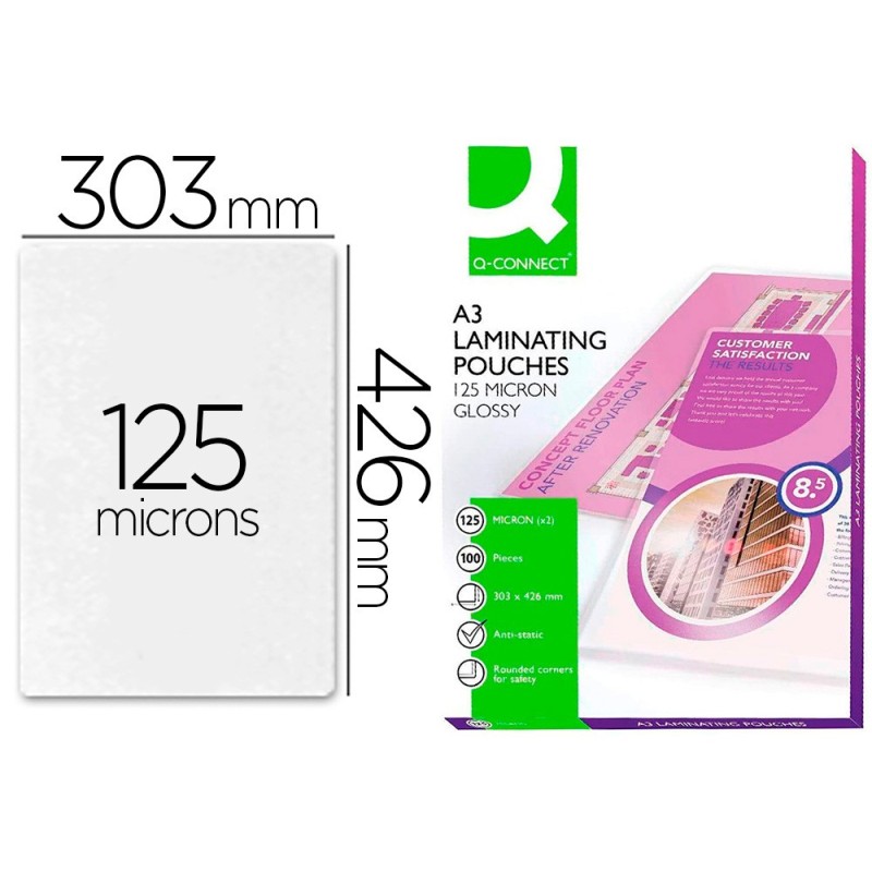 BOLSA DE PLASTIFICAR Q-CONNECT 303 X 426 MM 125 MC DIN A3 CAJA DE 100 UNIDADES