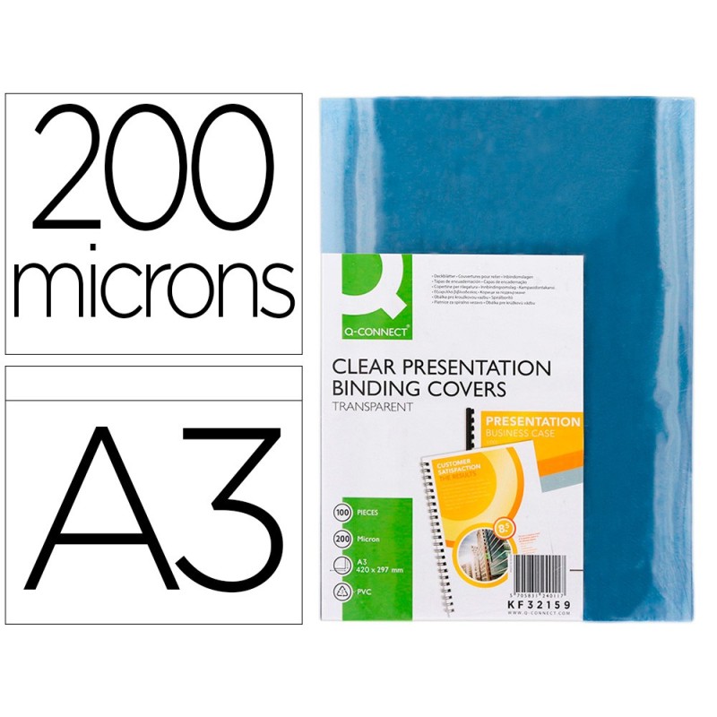 TAPA DE ENCUADERNACION Q-CONNECT PVC DIN A3 INCOLORA 200 MC CAJA DE 100 UNIDADES