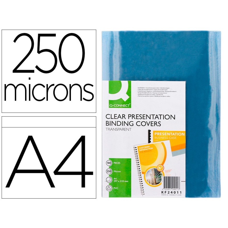 TAPA DE ENCUADERNACION Q-CONNECT PVC DIN A4 INCOLORA 250 MC CAJA DE 100 UNIDADES