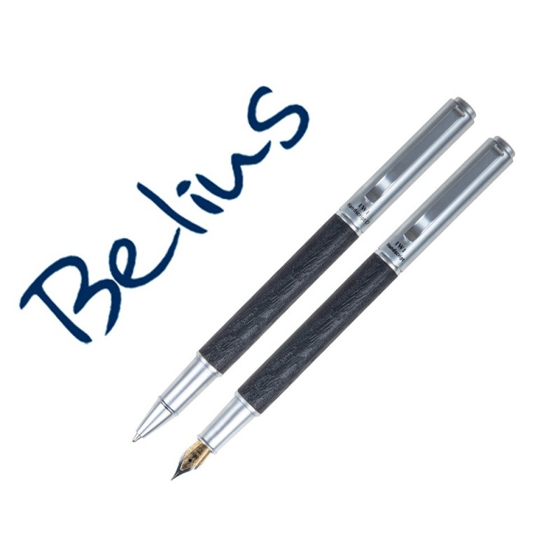JUEGO BOLIGRAFO Y PLUMA BELIUS ZADAR NEGRO CUERPO SIMIL PIEL Y DETALLES CROMADOS SATINADOS EN ESTUCHE