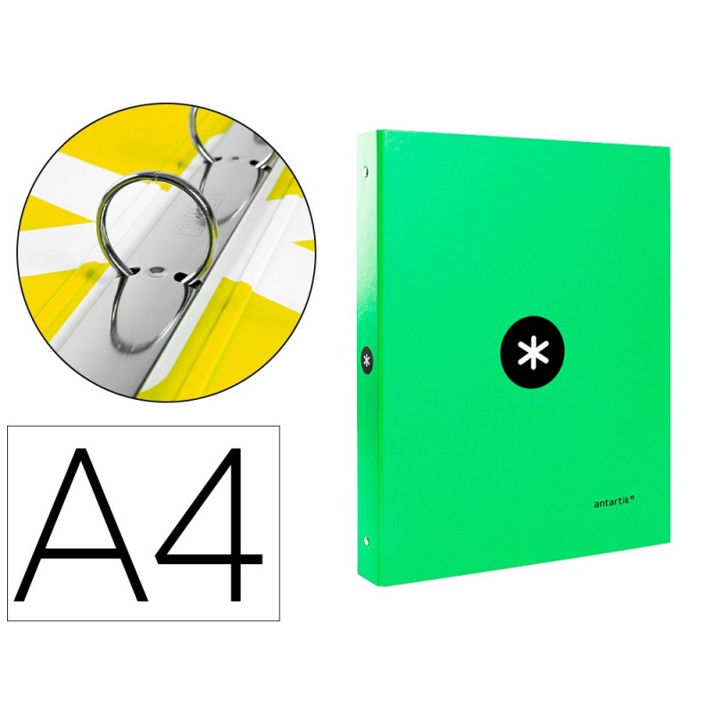 CARPETA LIDERPAPEL ANTARTIK A4 FORRADA 4 ANILLAS 25 MM REDONDAS COLOR VERDE