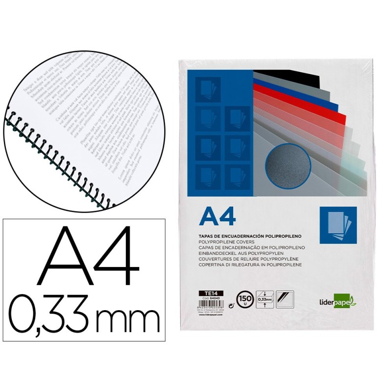 TAPA ENCUADERNACION LIDERPAPEL POLIPROPILENO A4 0.33MM TRANSLUCIDA PAQUETE DE 150 UNIDADES