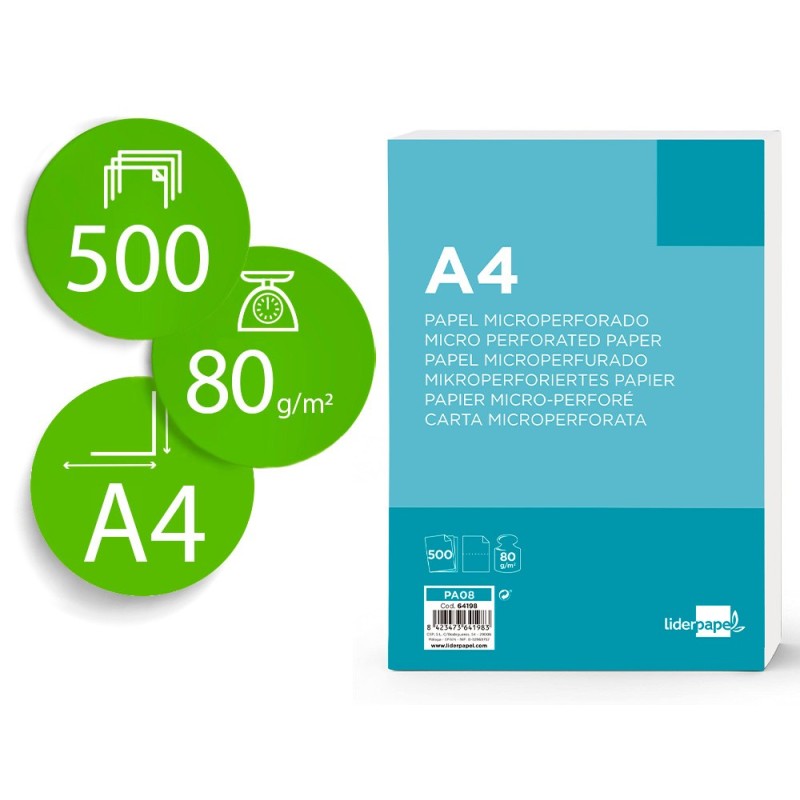 PAPEL LIDERPAPEL A4 80G/M2 LISO MICROPERFORADO EN DOS PARTES IGUALES PAQUETE DE 500 HOJAS