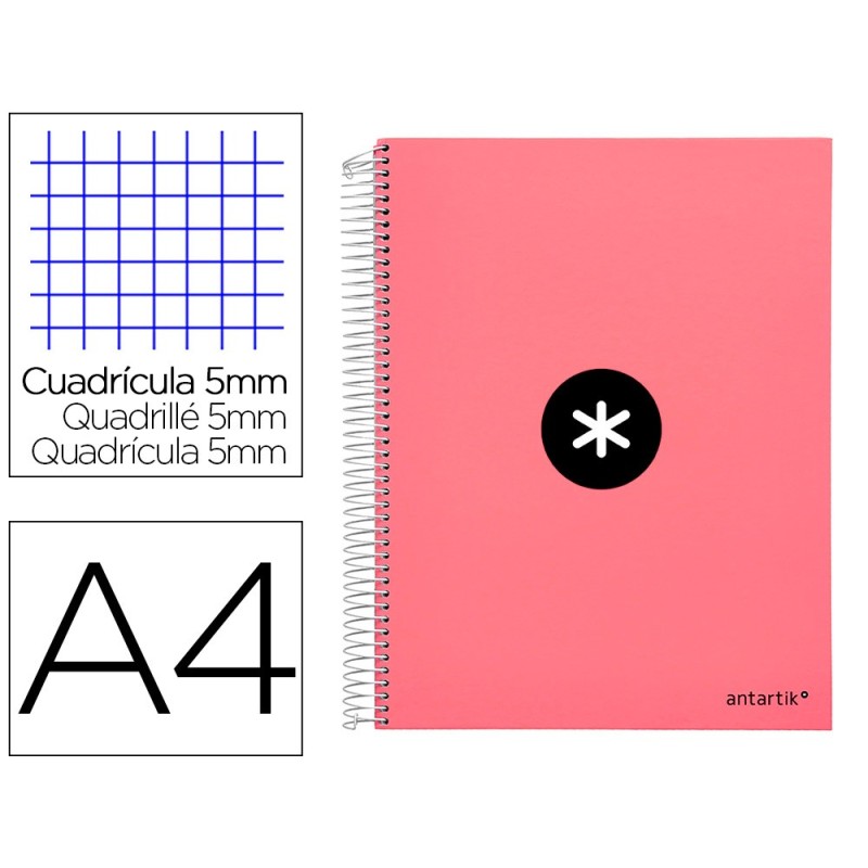 CUADERNO ESPIRAL LIDERPAPEL A4 MICRO ANTARTIK TAPA FORRADA120H 100 GR CUADRO 5MM 5 BANDA4 TALADROS COLOR CORAL