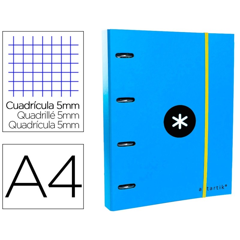 CARPETA CON RECAMBIO Y SOLAPA LIDERPAPEL ANTARTIK A4 CUADRO 5 MM FORRADA 4 ANILLAS REDONDAS 40MM COLOR AZUL