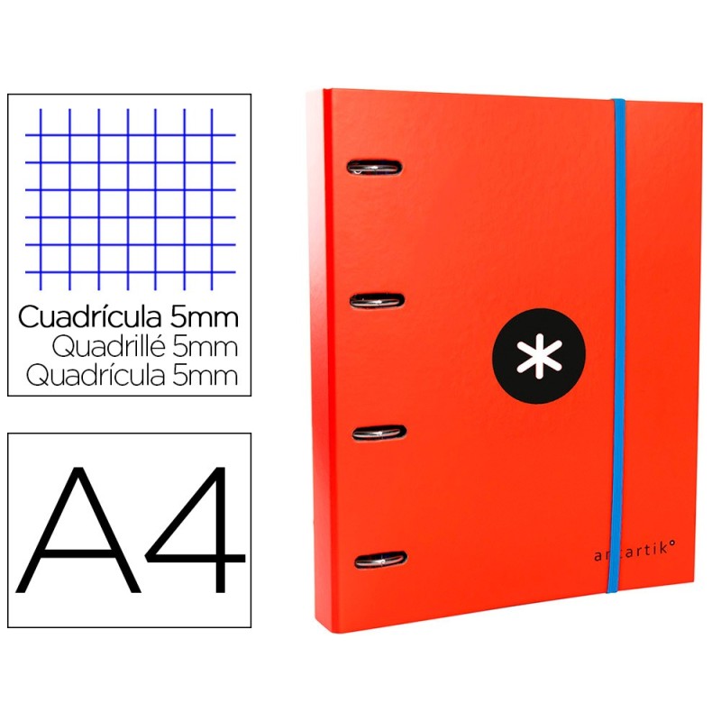 CARPETA CON RECAMBIO Y SOLAPA LIDERPAPEL ANTARTIK A4 CUADRO 5 MM FORRADA 4 ANILLAS REDONDAS 40MM COLOR ROJO