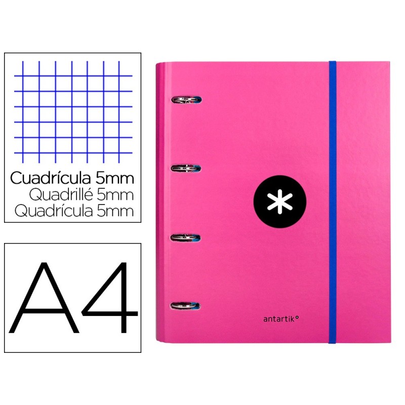 CARPETA CON RECAMBIO LIDERPAPEL ANTARTIK A4 CUADRO 5 MM FORRADA 4 ANILLAS REDONDAS 40MM COLOR ROSA