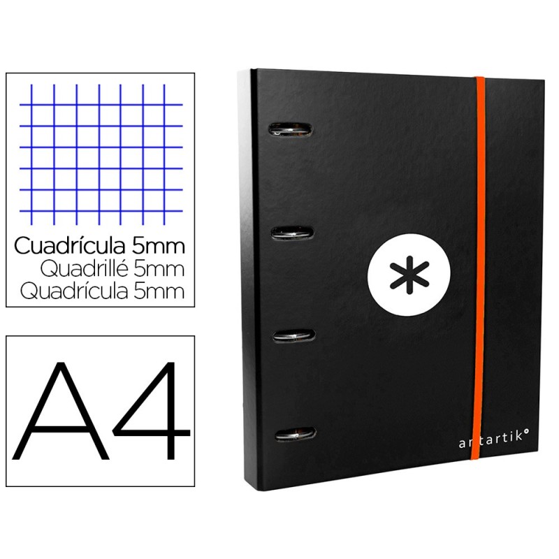 CARPETA CON RECAMBIO Y SOLAPA LIDERPAPEL ANTARTIK A4 CUADRO 5 MM FORRADA 4 ANILLAS REDONDAS 40MM COLOR NEGRA