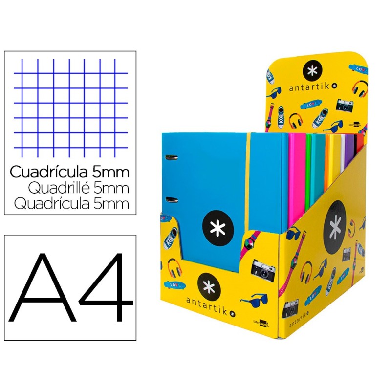 CARPETA CON RECAMBIO LIDERPAPEL ANTARTIK A4 CUADRO 5 MM FORRADA 4 ANILLAS 25MM COLORES SURTIDOS