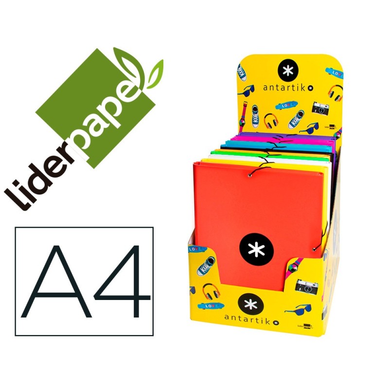 CARPETA LIDERPAPEL ANTARTIK GOMAS A4 3 SOLAPAS CARTON FORRADO COLORES SURTIDOS