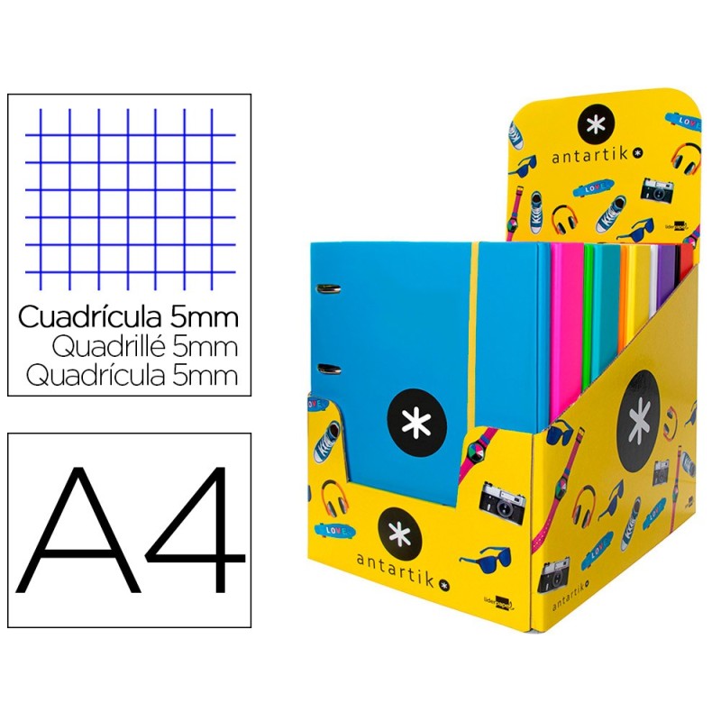 CARPETA CON RECAMBIO Y SOLAPA LIDERPAPEL ANTARTIK A4 CUADRO 5MM FORRADA 4 ANILLAS REDONDAS 40MM COLORES SURTIDOS