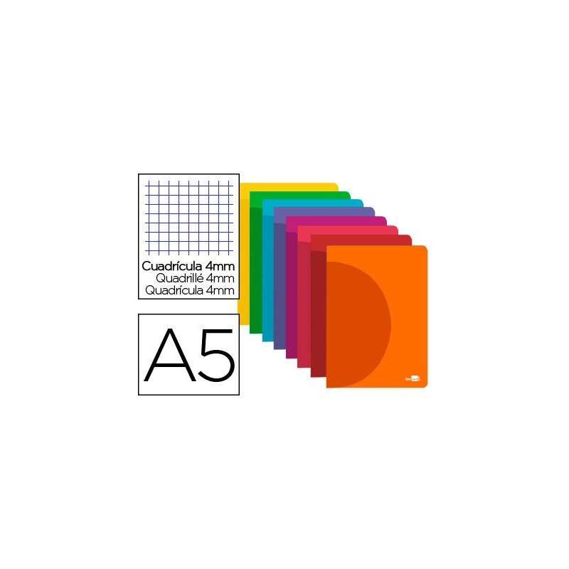 LIBRETA LIDERPAPEL 360 TAPA DE PLASTICO A5 48 HOJAS 90G/M2 CUADRO 4MM CON MARGEN COLORES SURTIDOS