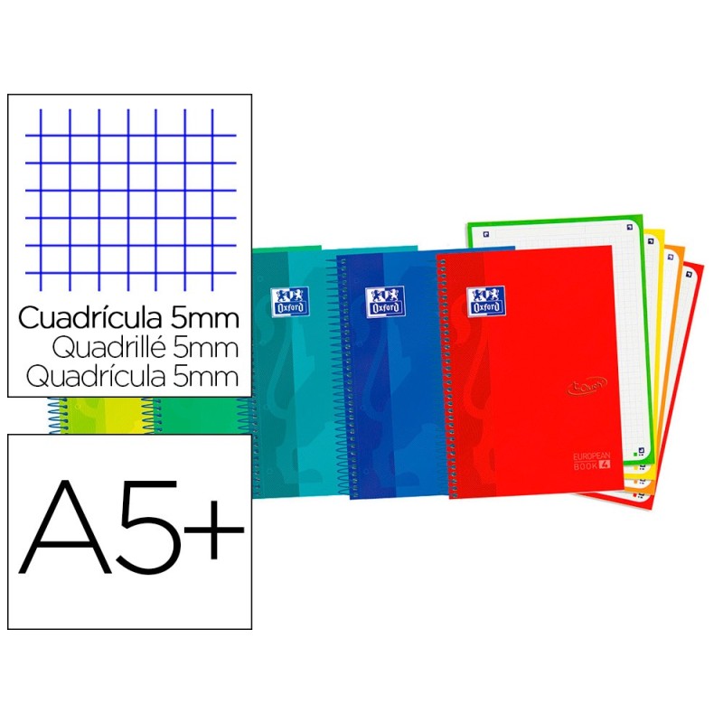 CUADERNO ESPIRAL OXFORD EBOOK 4 TAPA EXTRADURA DIN A5+ 120 H MICROPERFORADAS CUADRO 5 MM COLORES VIVOS SURTIDOS