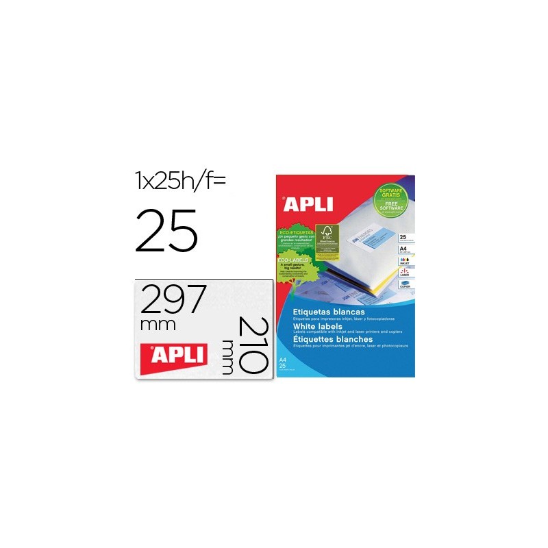 ETIQUETA ADHESIVA APLI 1215 TAMAO 210X297 MM PARA FOTOCOPIADORA LASER INK-JET CAJA CON 25 HOJAS CON 25