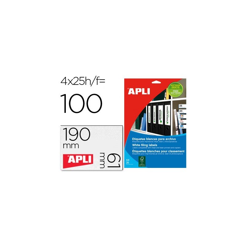 ETIQUETA ADHESIVA APLI 1233 TAMAO 190X61 MM PARA FOTOCOPIADORA LASER INK-JET CAJA 25 HOJAS CON 100