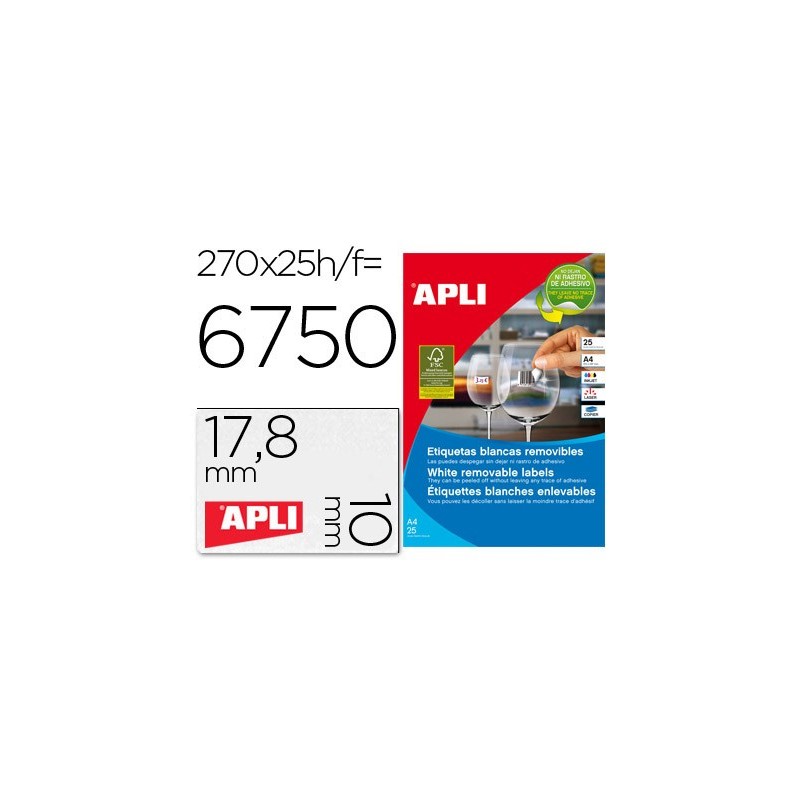 ETIQUETA ADHESIVAS APLI 10197 TAMAO 17,8X10 MM REMOVIBLE PARA FOTOCOPIADORA LASER INK-JET CAJA 25 HOJAS CON